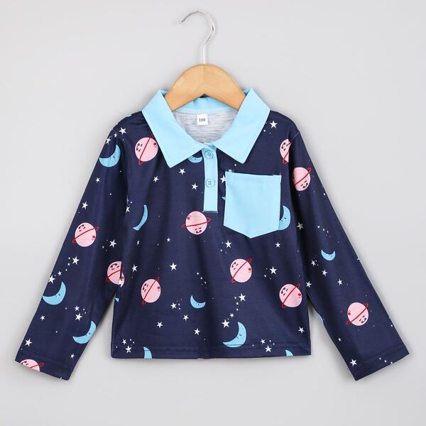 

Toddler Boys Moon & Star Print Contrast Collar Polo Shirt, Navy blue