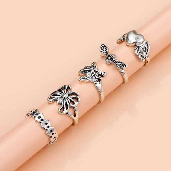 

5pcs Butterfly & Heart Decor Ring, Antique silver