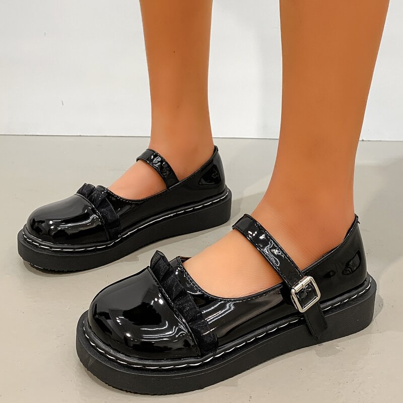 

Solid Ruffle Trim Buckle Decor Mary Janes, Black