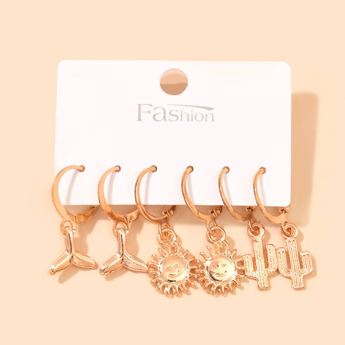 

3pairs Cactus & Sun Drop Earrings, Gold