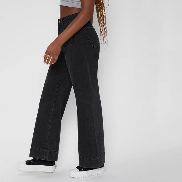 

Patch Pocket Wide Leg Jeans, Dark grey