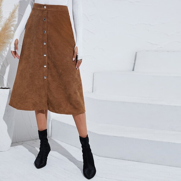 

Button Front Corduroy A-line Skirt, Brown