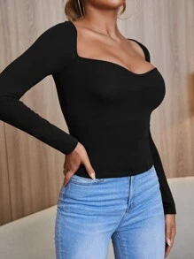 SHEIN SXY Áo thun màu trơn Giải trí - màu đen - Xem 5