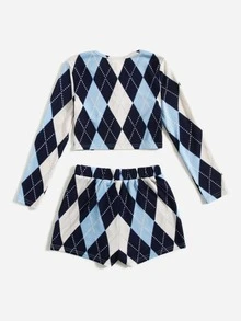 SHEIN Girls Argyle Print Button Front Top & Shorts - Multicolor - View 2