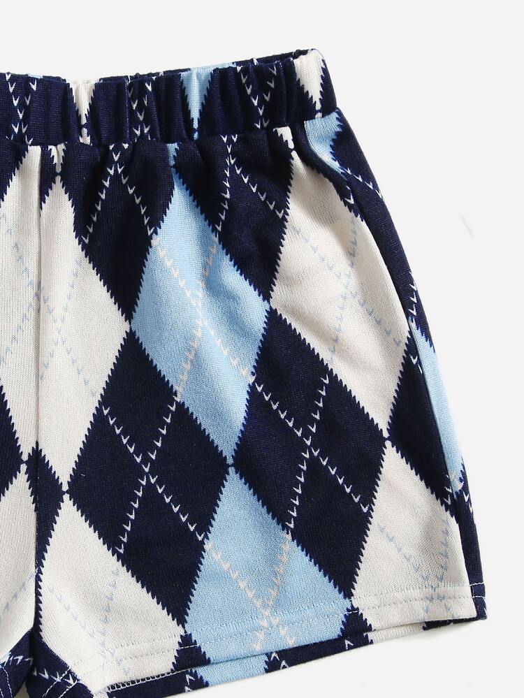 SHEIN 女孩菱形印花前紐扣上衣和短褲 - 彩色 - 查看 4