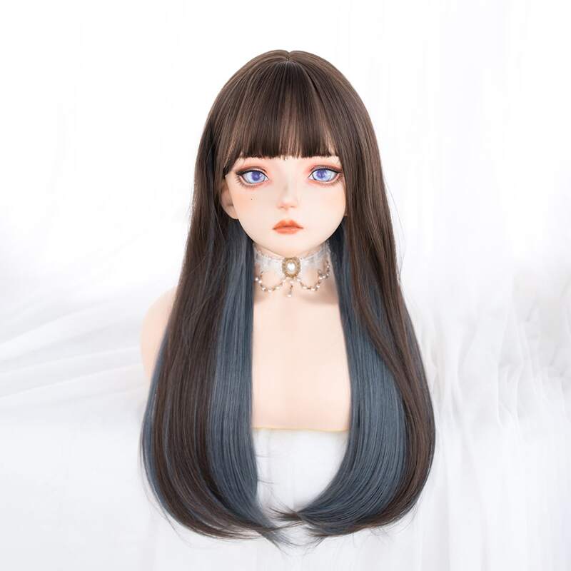 

Colorblock Long Natural Wig With Bangs, Dusty blue