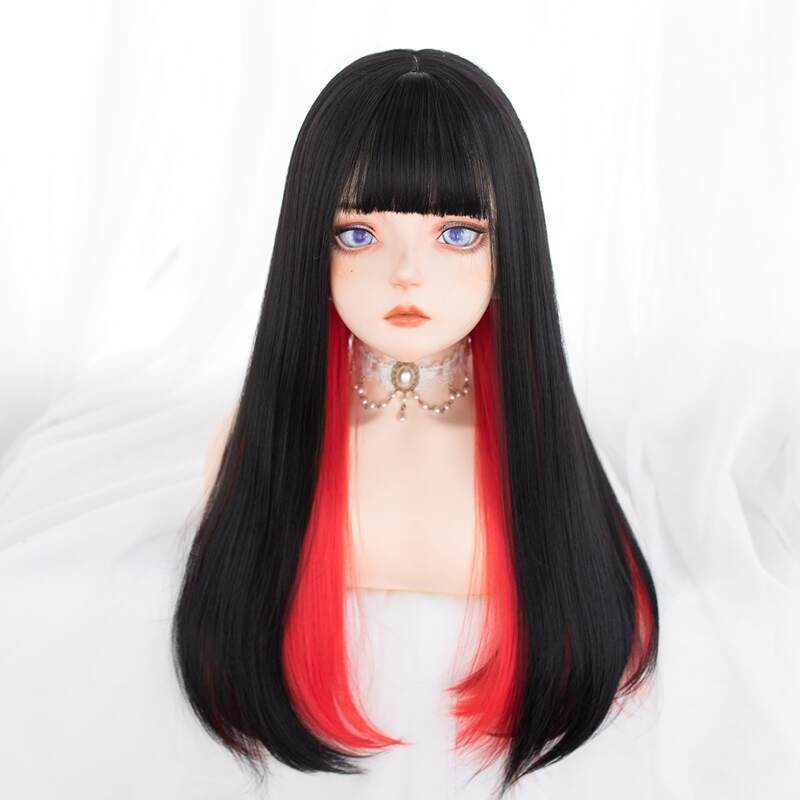 

Colorblock Long Natural Wig With Bangs, Red