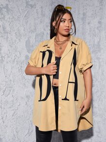 SHEIN EZwear Áo sơ mi Plus Size Lá thư Giải trí - Màu Khaki - Xem 1