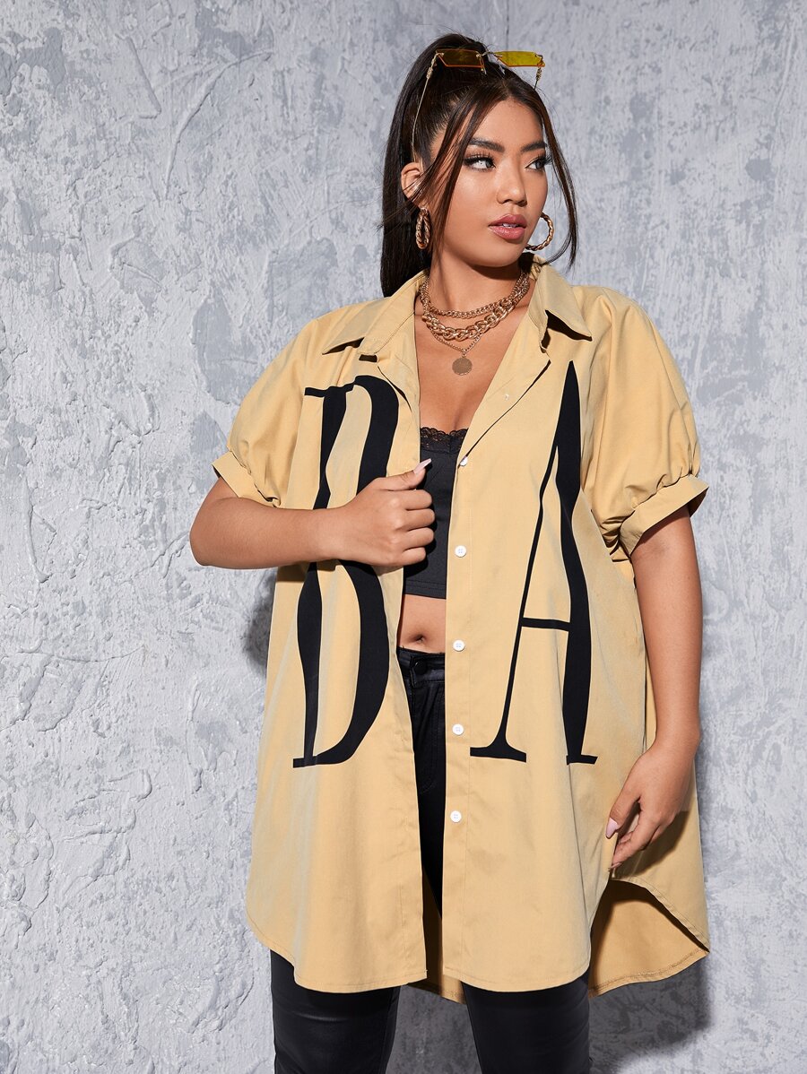SHEIN EZwear Áo sơ mi Plus Size Lá thư Giải trí - Màu Khaki - Xem 1