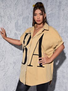 SHEIN EZwear Áo sơ mi Plus Size Lá thư Giải trí - Màu Khaki - Xem 4