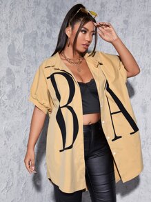 SHEIN EZwear Áo sơ mi Plus Size Lá thư Giải trí - Màu Khaki - Xem 5