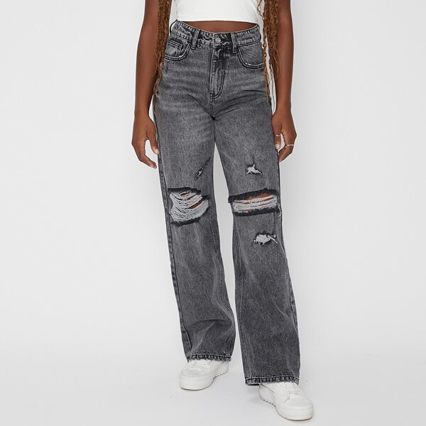 

High Waist Ripped Raw Hem Jeans, Dark grey