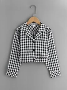 Girls Gingham Print Lapel Neck Jacket - Black and White - View 1