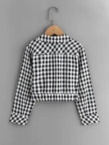 Girls Gingham Print Lapel Neck Jacket - Black and White - View 2