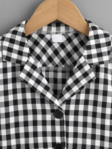 Girls Gingham Print Lapel Neck Jacket - Black and White - View 3