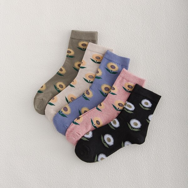 

5pairs Flower Print Crew Socks, Multicolor