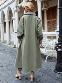 Double Breasted Gingham Lined Trench Coat - Army Green - View 2
