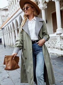 Double Breasted Gingham Lined Trench Coat - Army Green - View 3