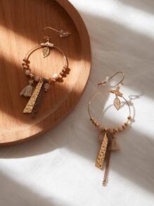 SHEIN VCAY Tassel & Leaf Drop Earrings - Yellow Gold - View 2