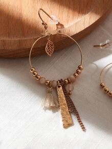 SHEIN VCAY Tassel & Leaf Drop Earrings - Yellow Gold - View 3