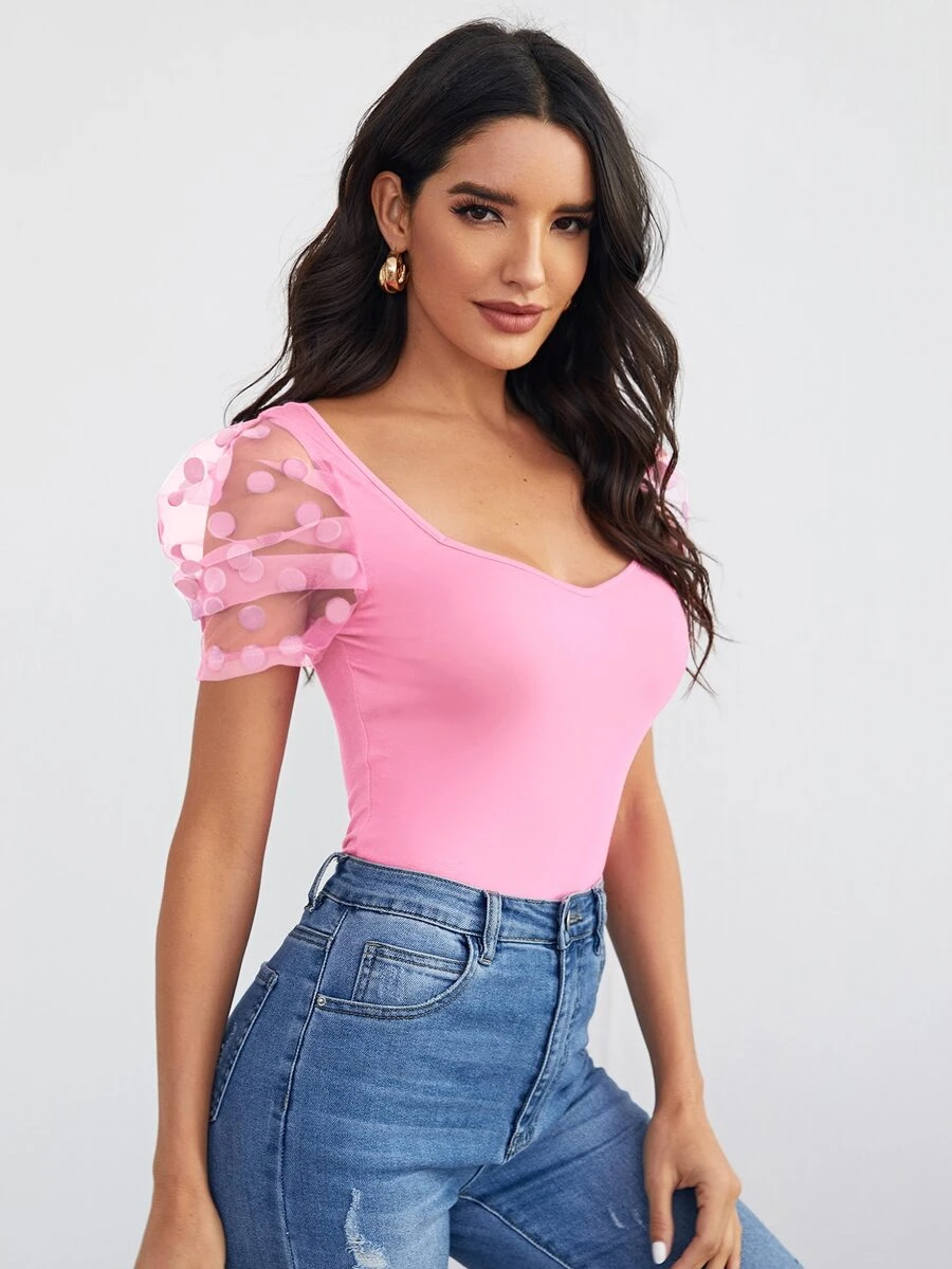 SHEIN Privé Top de manga de malla de cuello sweetheart - Rosa - Ver 1