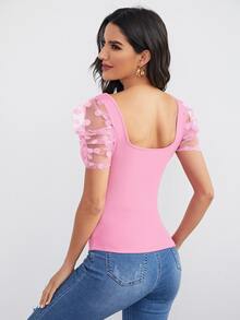 SHEIN Privé Top de manga de malla de cuello sweetheart - Rosa - Ver 2