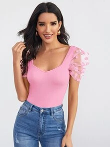 SHEIN Privé Top de manga de malla de cuello sweetheart - Rosa - Ver 4