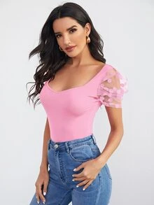 SHEIN Privé Top de manga de malla de cuello sweetheart - Rosa - Ver 5