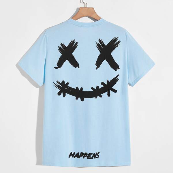 

Men Letter And Cartoon Print Tee, Baby blue