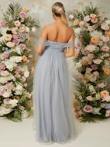 SHEIN Belle Off Shoulder Mesh Bridesmaid Dress - Dusty Blue - View 2
