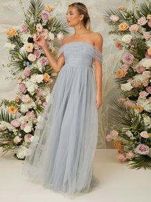 SHEIN Belle Off Shoulder Mesh Bridesmaid Dress - Dusty Blue - View 3