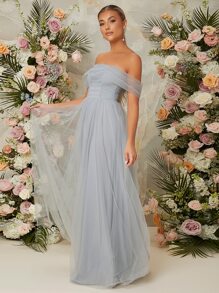 SHEIN Belle Off Shoulder Mesh Bridesmaid Dress - Dusty Blue - View 4