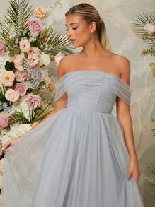 SHEIN Belle Off Shoulder Mesh Bridesmaid Dress - Dusty Blue - View 5
