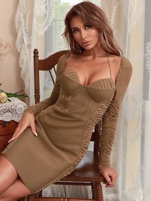 後綁帶褶邊緊身連衣裙 - 摩卡棕 - 查看 3