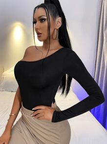 SHEIN SXY Solid One Shoulder Bodysuit - Black - View 3