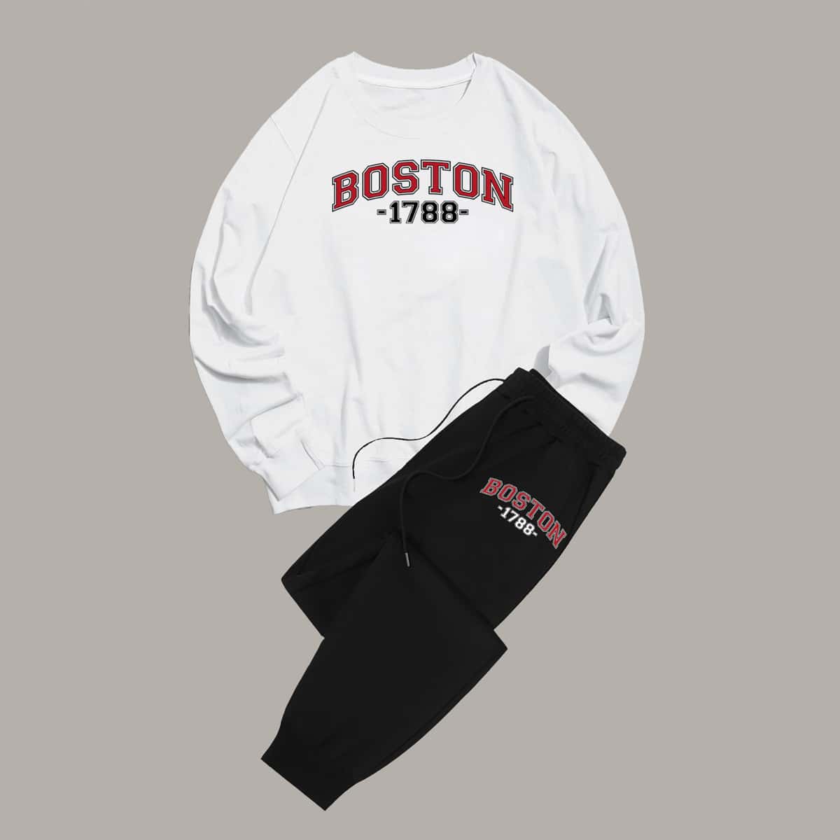 

Guys Letter Sweatshirt & Drawstring Sweatpants, Black and white