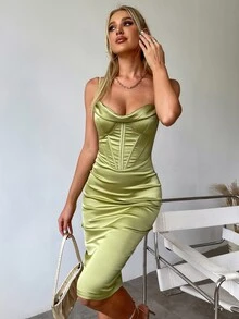 PARTHEA Đầm Lộ Lưng Xù Dây kéo màu trơn Thanh lịch - Màu xanh chanh - Xem 3