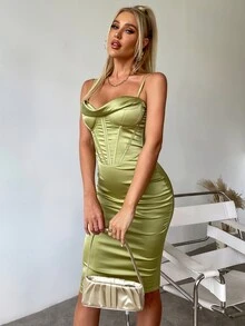 PARTHEA Đầm Lộ Lưng Xù Dây kéo màu trơn Thanh lịch - Màu xanh chanh - Xem 4