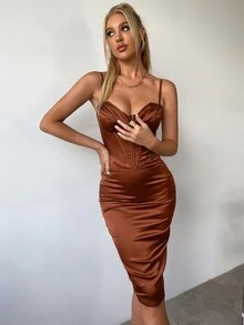 PARTHEA Đầm Lộ Lưng Xù Dây kéo màu trơn Thanh lịch - Cà phê nâu - Xem 5