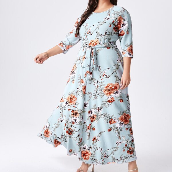 

Plus Floral Print Belted Dress, Multicolor
