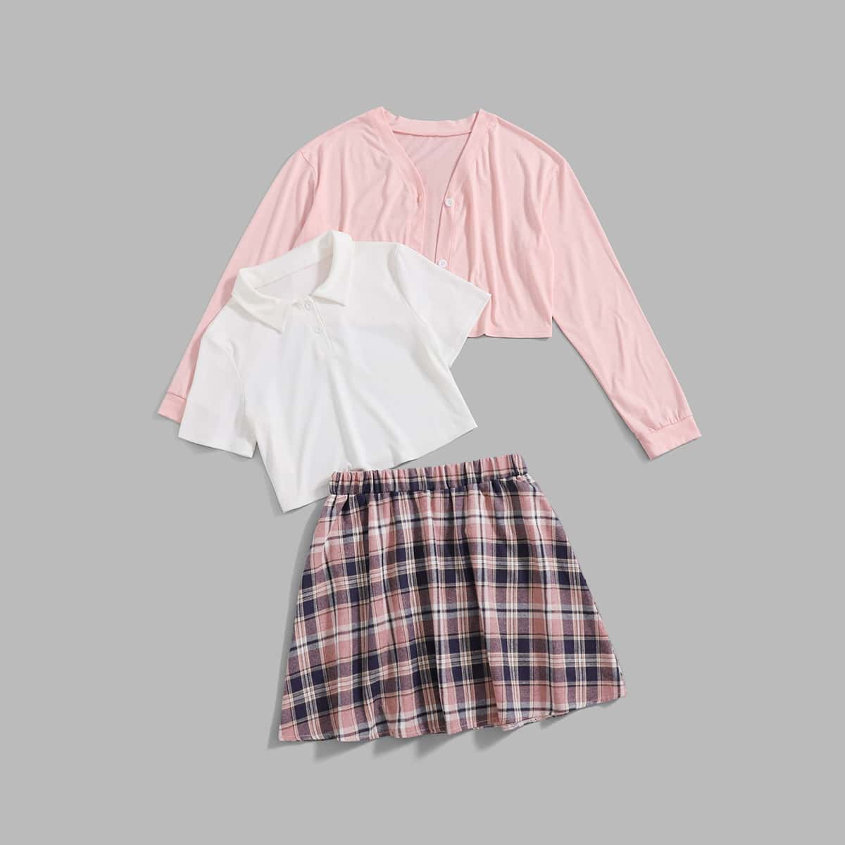 

Button Front Tee & Plaid Print Skirt & Polo Tee, Multicolor
