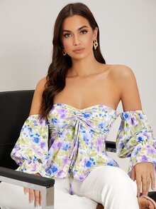 SHEIN Áo sơ mi Dây kéo Thắt nút Xù Hoa Tất cả trên in Boho - Nhiều màu - Xem 2
