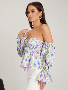 SHEIN Áo sơ mi Dây kéo Thắt nút Xù Hoa Tất cả trên in Boho - Nhiều màu - Xem 5