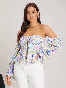 SHEIN Áo sơ mi Dây kéo Thắt nút Xù Hoa Tất cả trên in Boho - Nhiều màu - Xem 1