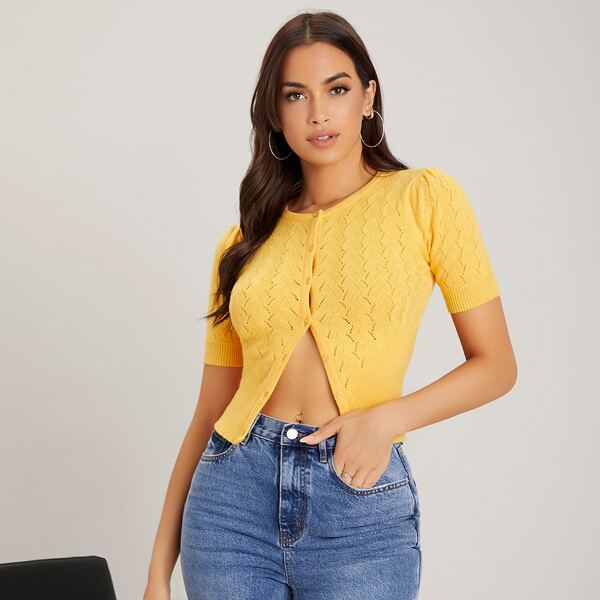 

Pointelle Knit Button Placket Cardigan, Yellow