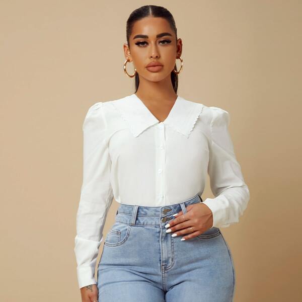 

Solid Contrast Collar Button Up Blouse, White