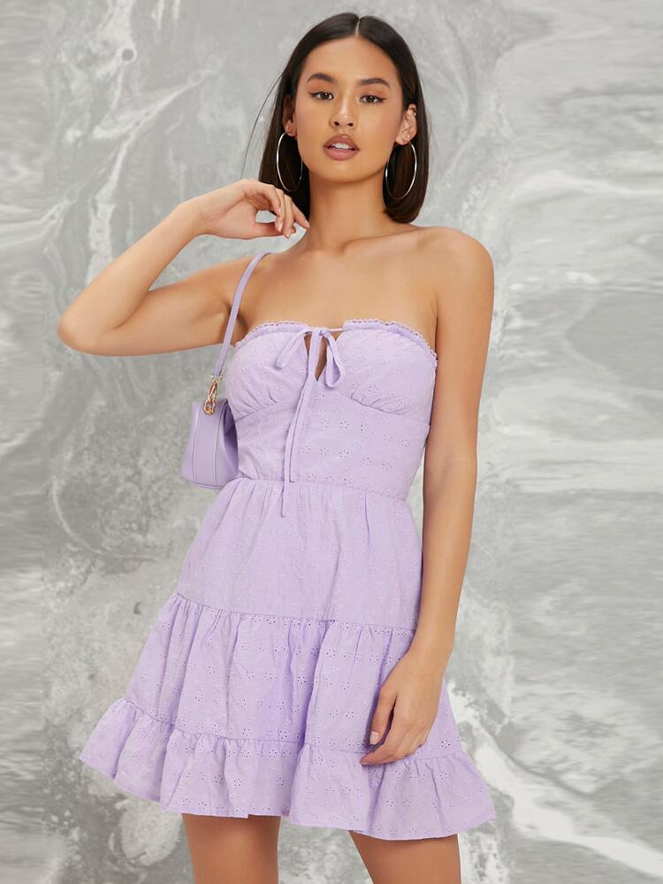 shein embroidered floral picot mini tube dress