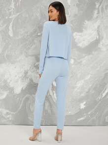 SHEIN Essnce 抽繩結飾抽褶吊帶上衣和緊身褲套裝附外套 - 淺藍色 - 查看 2