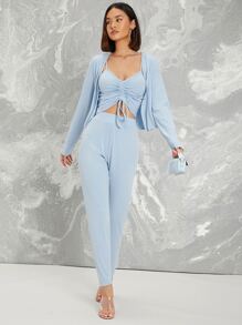 SHEIN Essnce 抽繩結飾抽褶吊帶上衣和緊身褲套裝附外套 - 淺藍色 - 查看 4