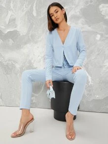 SHEIN Essnce 抽繩結飾抽褶吊帶上衣和緊身褲套裝附外套 - 淺藍色 - 查看 6